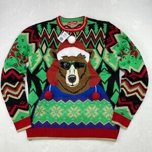 NWT Jollidays Ugly Christmas Sweater Beary Merry Mens Large Tall Santa Hat Bear
